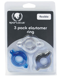Spartacus Elastomer Cock Ring Set - Black, Blue & Clear Pack of 3