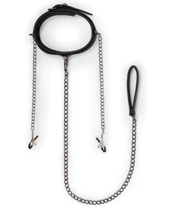 Easy Toys Faux Leather Collar w/Nipple Chains - Black