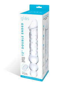 Glas 12" Double Ended Glass Dildo w/Anal Beads - Clear | Lavish Sex Toys