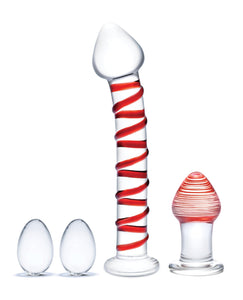 Glas 4 pc Mr. Swirly Set w/Glass Kegal Balls & 3.25" Butt Plug - Red | Lavish Sex Toys
