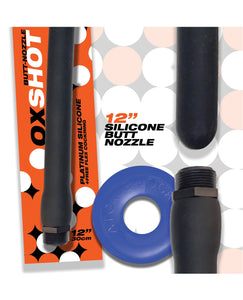 Oxballs Oxshot 12" Silicone Butt Nozzle w/Flex Cockring - Black/Blue | Lavish Sex Toys